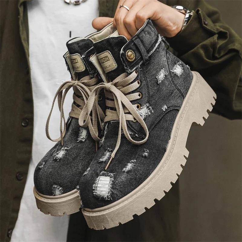 Fashion New 2024 Denim Lace-Up Men Boots Walking Travel Boots Japanese Style Flats Platform Ankle Boots Men Shoes Casual Dress