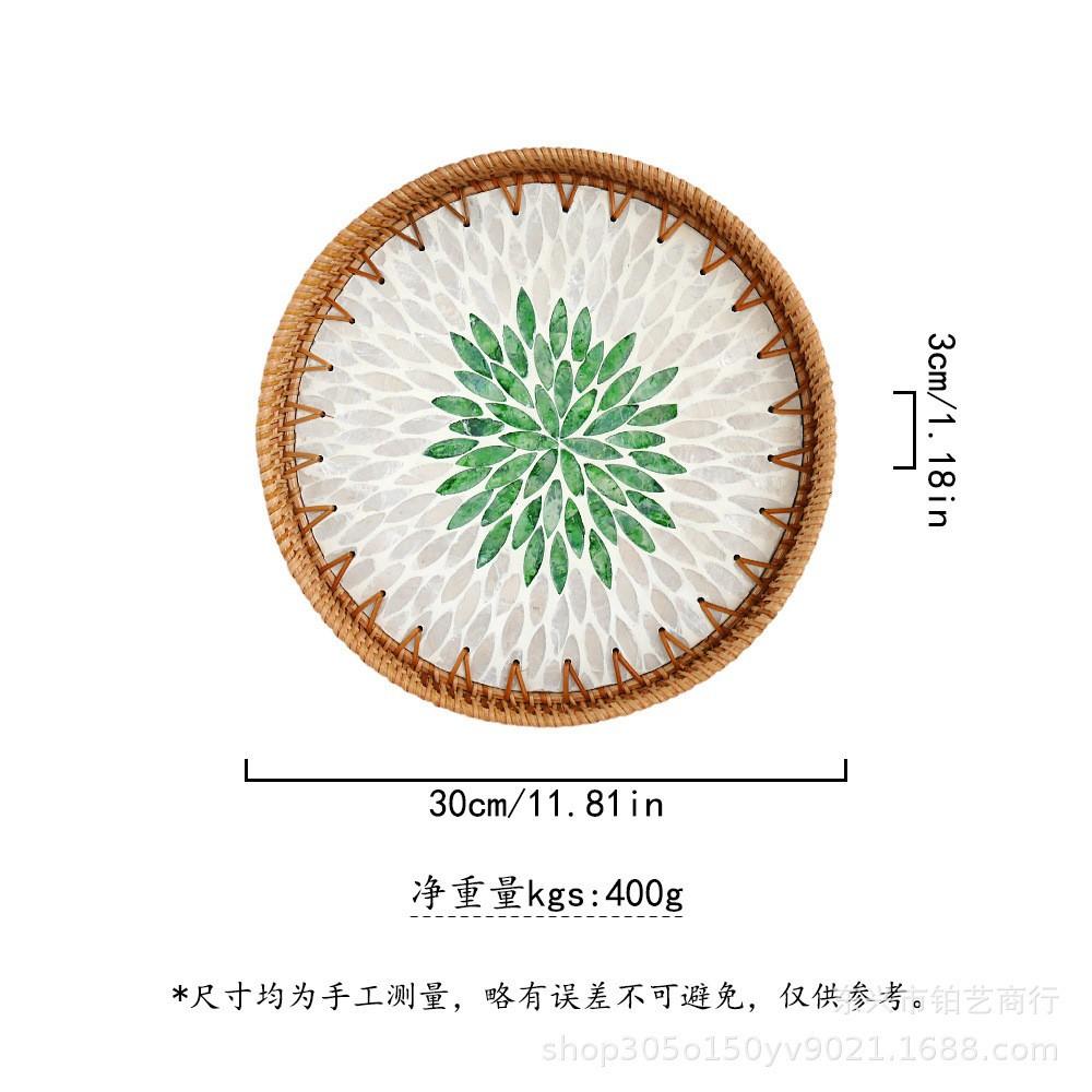 

Color Shell Jewelry Cosmetics Food Teacup Storage Trays Handmade Rattan Fruit Dessert Bread Pans Round Rattan Decoration Trays