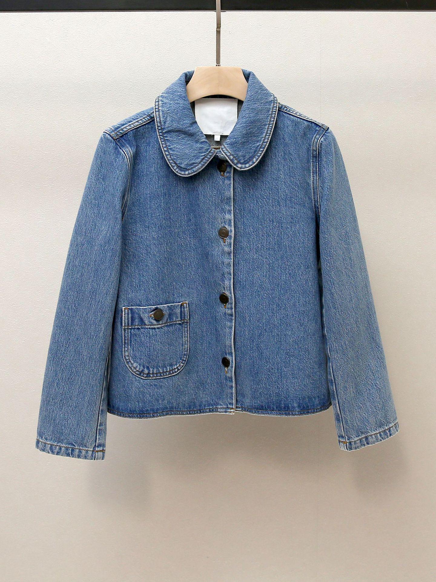 

Осенняя джинсовая куртка в милом стиле для женщин с воротником Питер Пэн и карманами S синий