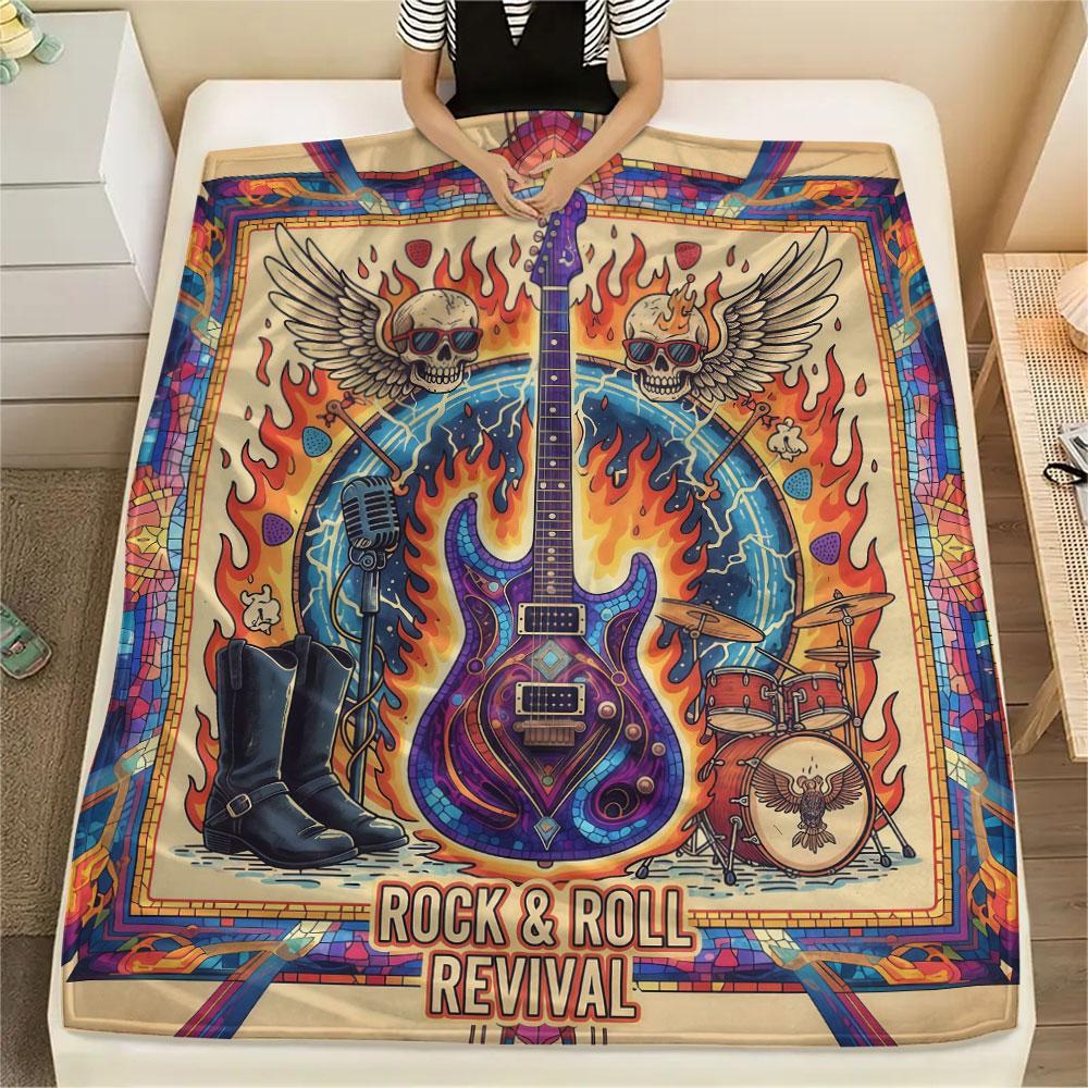 1Pc Vintageguitar Print Flannel Blanket, High quality Comfortable for All Seasons, Home Decor, Warmth and Comfort, Perfect for Christmas Gifts