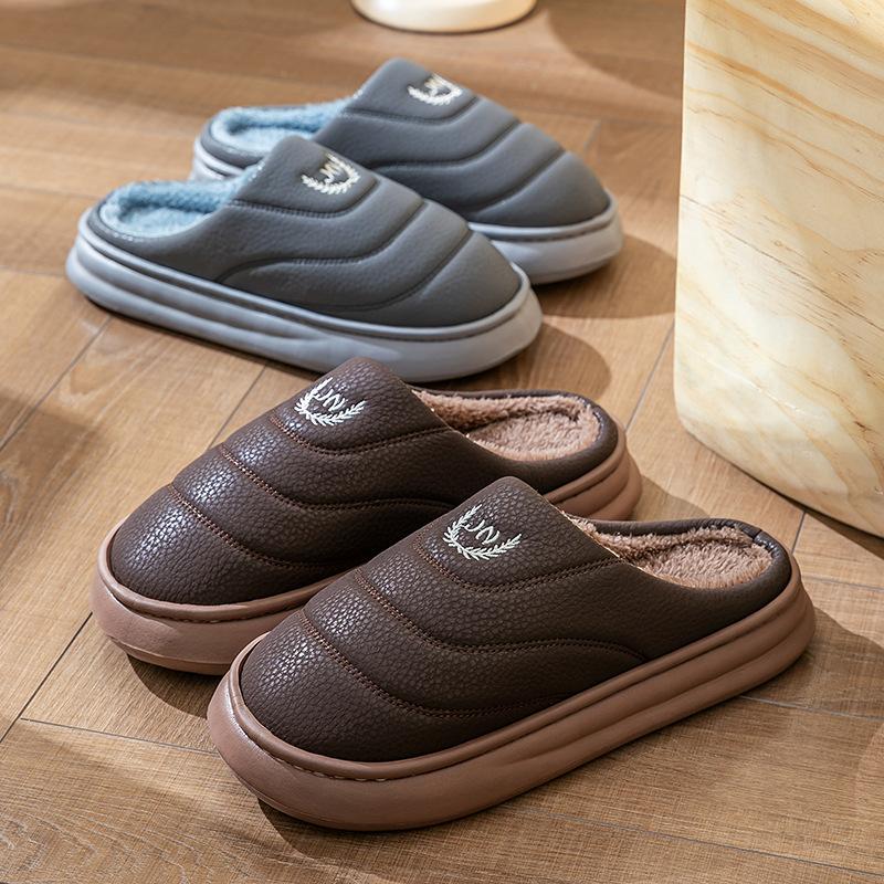Extra Large Size Cotton Slippers Home Autumn and Winter Waterproof Cotton Shoes Warm Plush Slippers Imitation PU Leather Cotton Mop