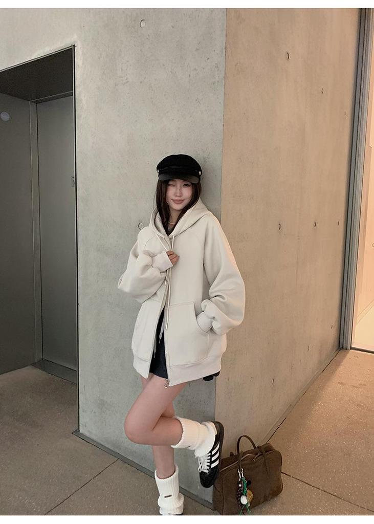 Hongshan Women's Coconut Shell White Heavyweight Casual Hoodie Cardigan - High GSM, Spring/Autumn