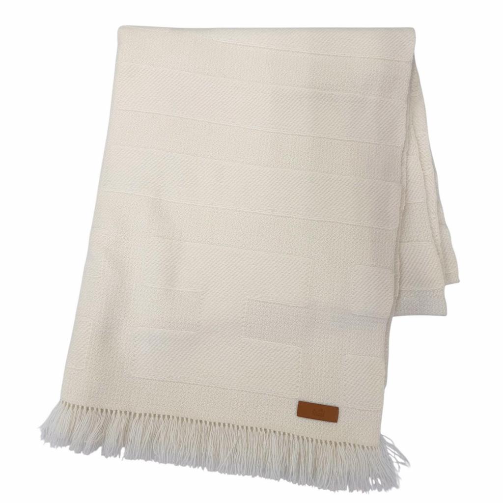 Pristine HERMES shawl Raye H Large logo leather patch with fringe cashmere Women Used