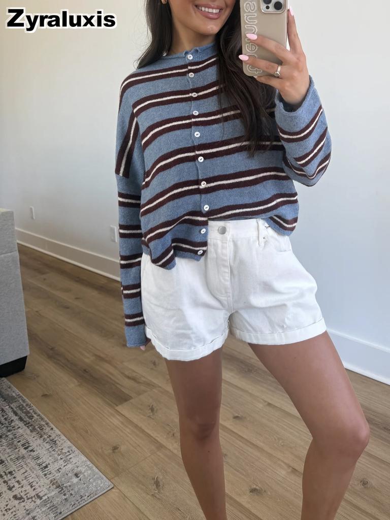Thin Knit Color Block Cardigan Striped Coat, New Lazy Style Sweater for Women, Spring and Autumn
