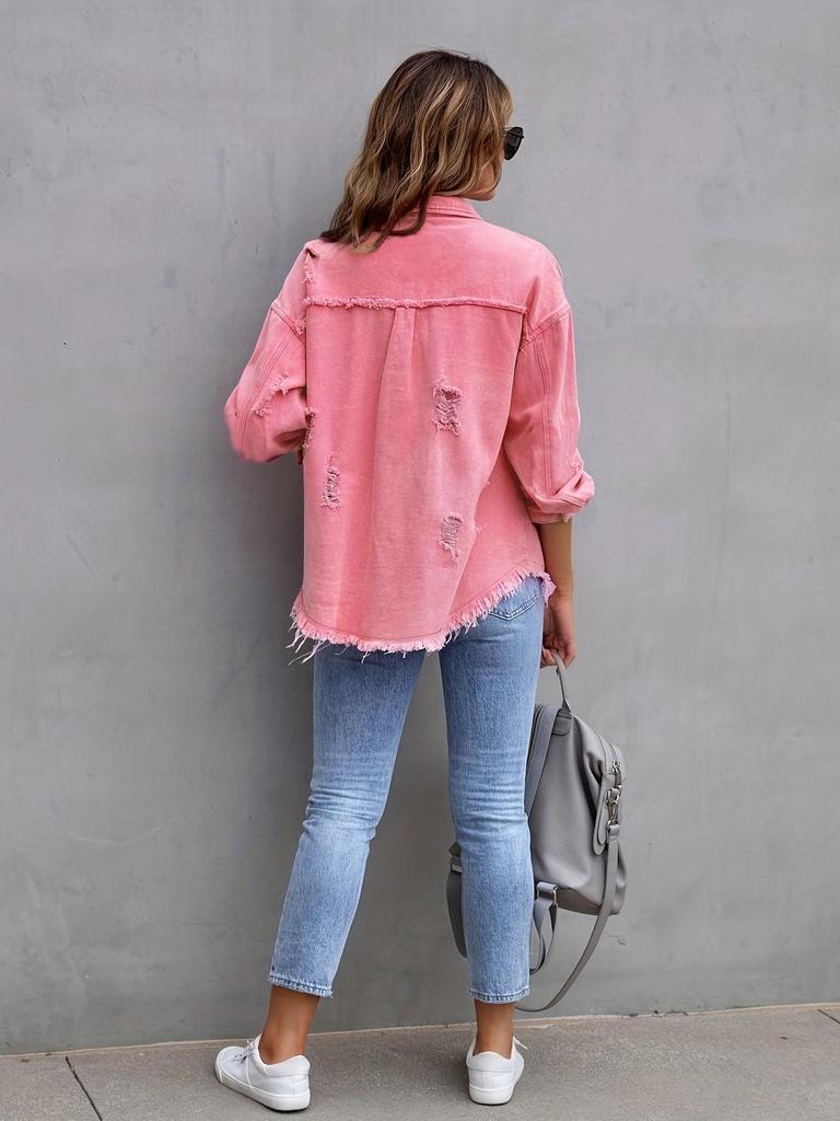 Women's Solid Color Ripped Denim Shirt - Long Sleeve, Loose Fit Bestseller