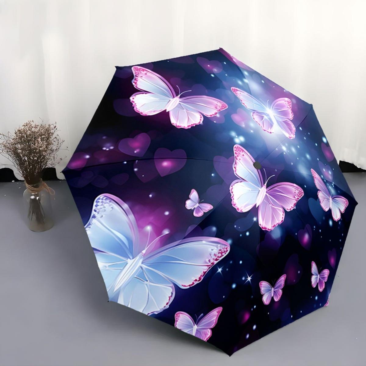 

Automatic Open/Close Umbrella with One-Touch Button - Elegant Purple & Pink Butterfly & Heart Pattern, Sturdy 8-Rib Shaft, Com Iron&8K