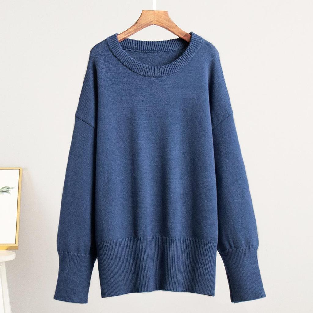 Langermede gensere for kvinner i overdimensjonert fall, rund hals Ribbestrikket Uformell myk genser genseroverdeler for kvinner Loose Fit Solid strikket genser