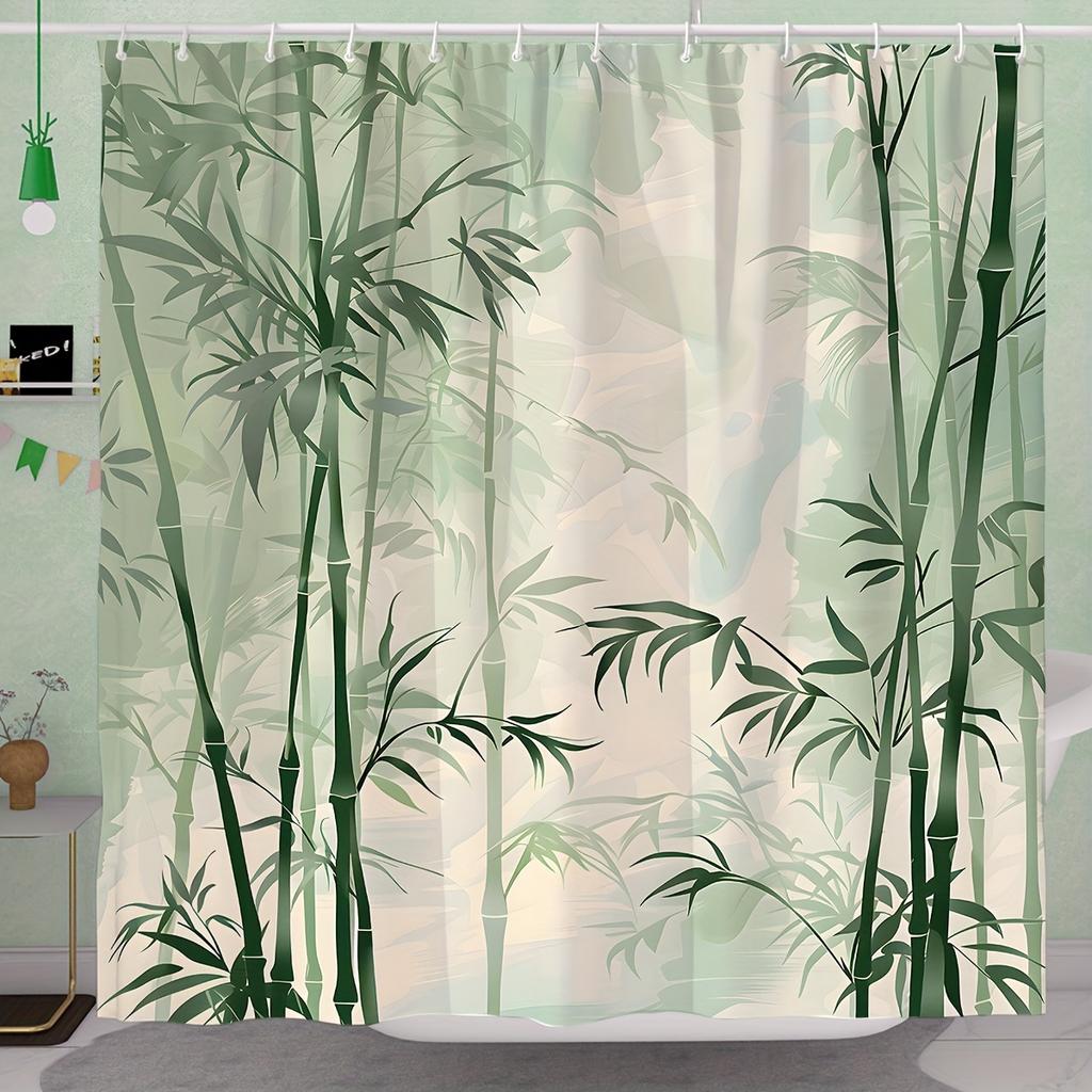 1Pc Bamboo Green Shower Curtain - 71X71", Machine Washable Polyester, 12 Hooks, Vintage Chinese Style, Serene Bamboo Design