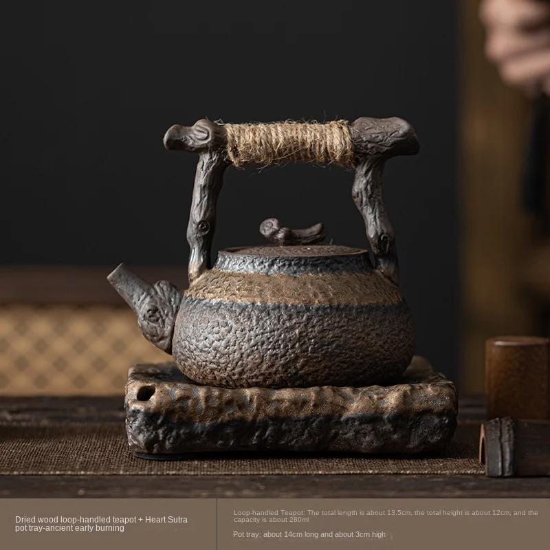 Hemp Rope Handle Dried Wood Loop-Handled Teapot Japanese Gilding Iron Glaze Teapot Small Size Teapot Tea Maker Tea Kettle