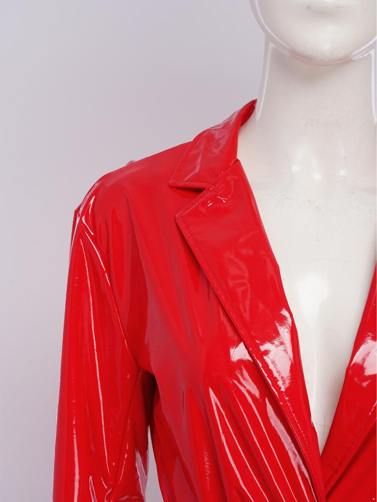 S-3XL Women‘s Long PU Leather Trench Coat: Glossy Lapel Blazer Style with Belt, Casual Open Front Jacket for Streetwear