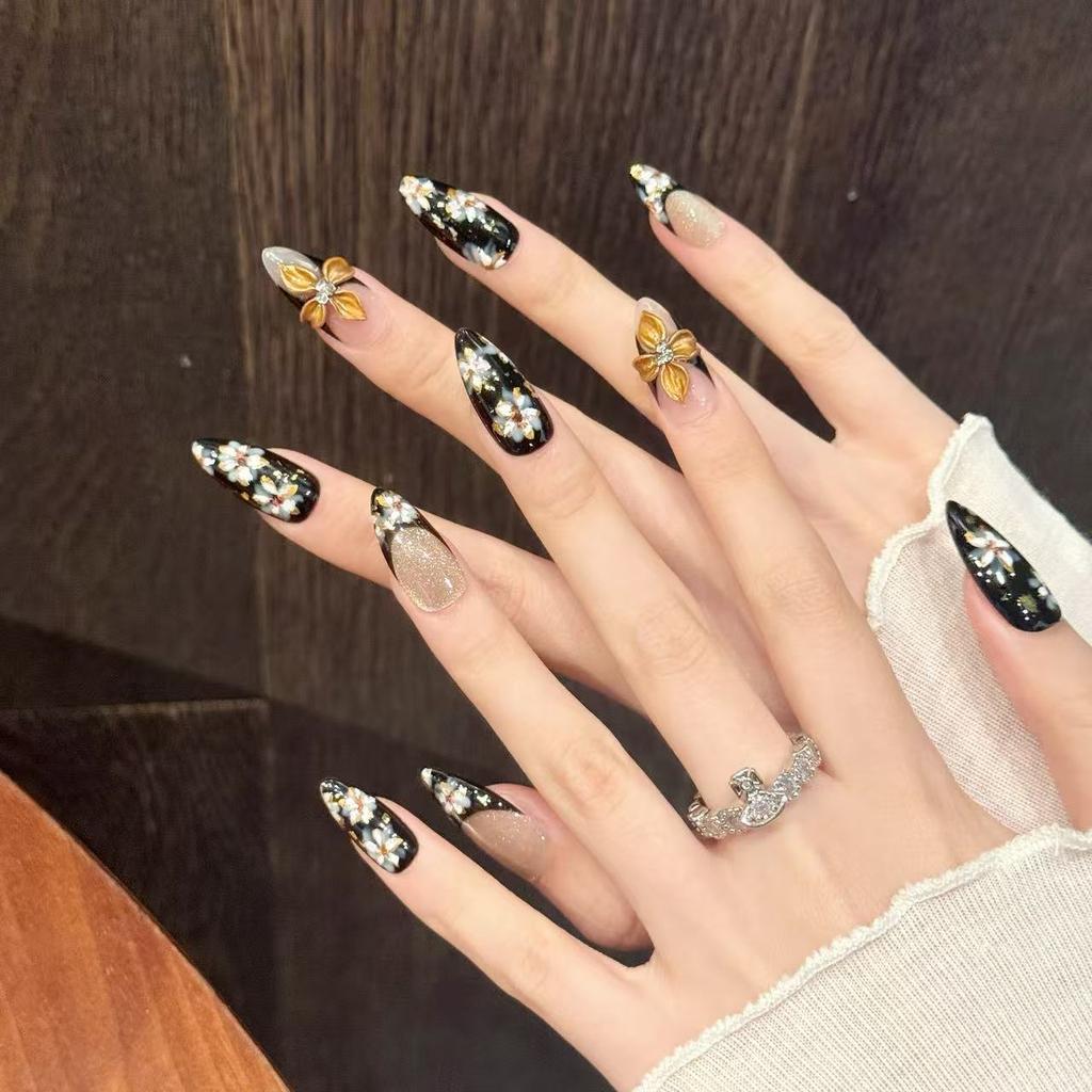Press On Nails Long Coffin Fake Nails Glitter False Nails with Flower Designs Full Cover Glue On Nails Press Ons Artificial Stick On Nails for Women