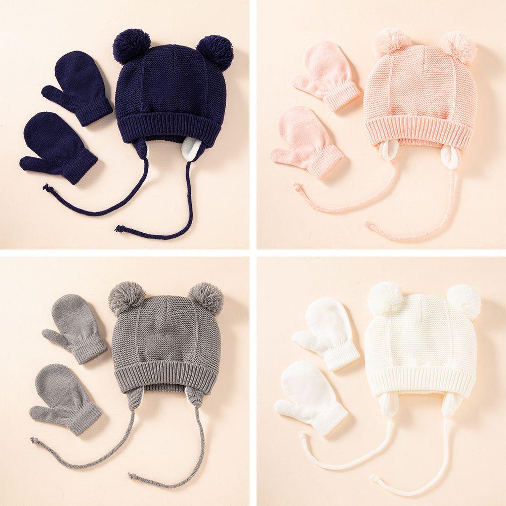 1-4 Years Fleece Lined Winter Earflap Beanie Hat Kids Hat Gloves Set Pom Pom Hat Mittens