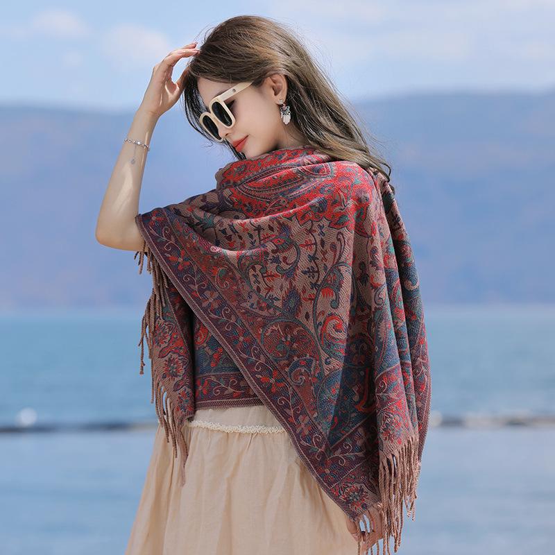 The photo is so beautiful~ Red travel scarf Qinghai Xizang desert ethnic style imitation cashmere thermal shawl women's cape