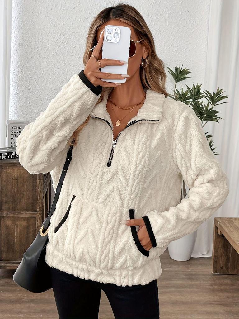 Damenmode Fuzzy Sweatshirt, Unifarbe, mit Reverskragen und Reißverschlussdetail, für Ganzjahreskomfort Pullover