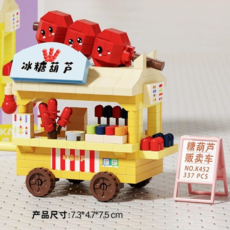 Diy Car Food Hot Dog Cart Truck Ice Cream Store Flower Hamburger Street View Building Blocks Kit Bricks Model Kids Toy Children