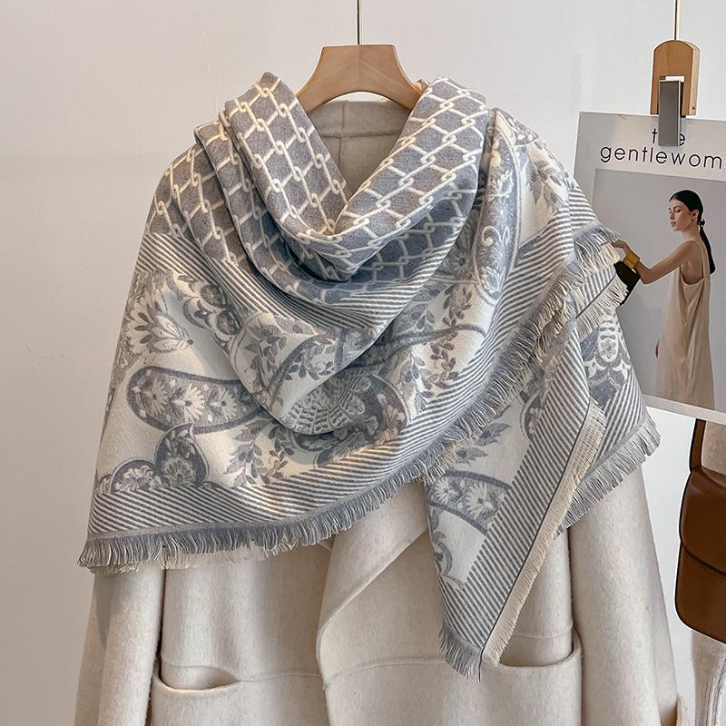Luksusowy Damski Szalik Kaszmirowy - Ciepły Zimowy Frędzlowy Pasek Wzory Szal Pashmina, Foulard & Poncho