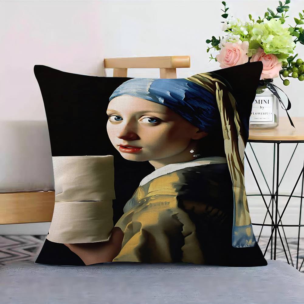 Funny Mona Lisa Wearing Pearls Girl Cushion Cover Pillowcase Upholstery Sofa Throw Pillow Home Decor Pillowcas