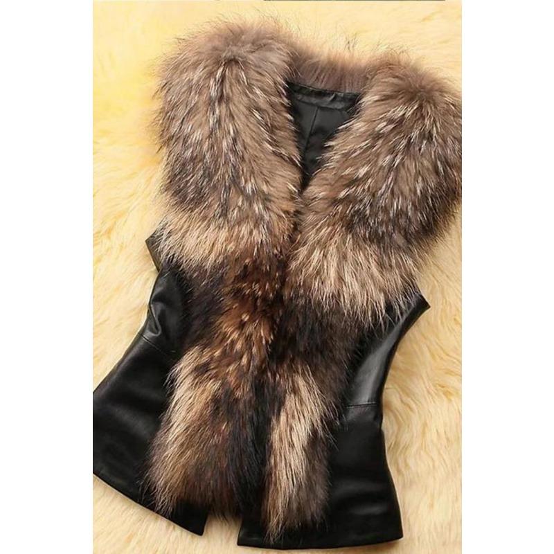Damen Ärmellose PU-Lederweste mit Kunstpelzkragen Herbst Winter Warme Lässige Oberbekleidung