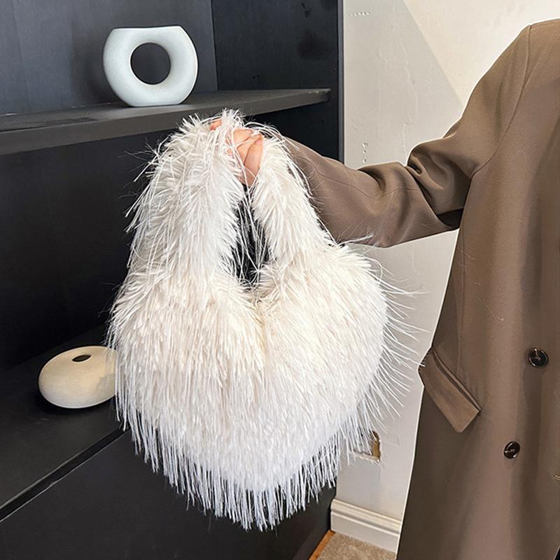 Yogodlns Long Plush Women's Large Shoulder Bag Luxury Faux Fur Female Love Shape Bags Y2k Punk Girls Fluffy Tote Handbags Crossbody Bag