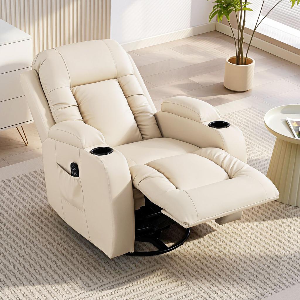 Massage Chair with Rocking, Reclining & Heating Function, 3 Modes, Rotating, Cream White