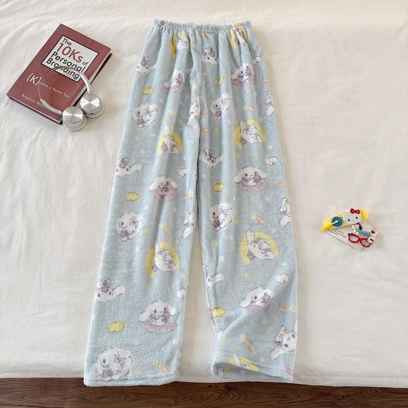 Hello Kitty Coral Fleece-Lined Flannel Pajama Pants for Women - Warm Autumn/Winter Style