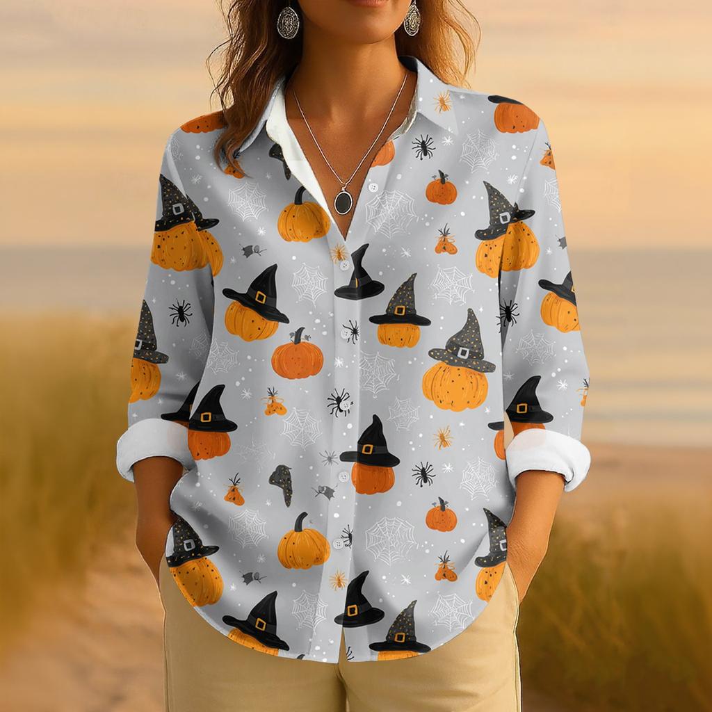 Dámská retro halloweenská potištěná košile s dlouhým rukávem na knoflíky, ležérní top s klasickým límečkem