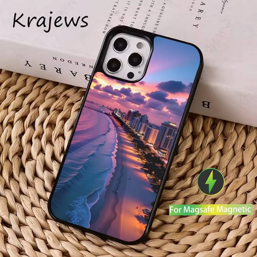 Summer Art Miami Florida Handyhülle Für iPhone 16,15,14,17,13,12,11,Pro,Max,Plus,Mini, Magsafe,Magnetische Kabellose Ladehülle