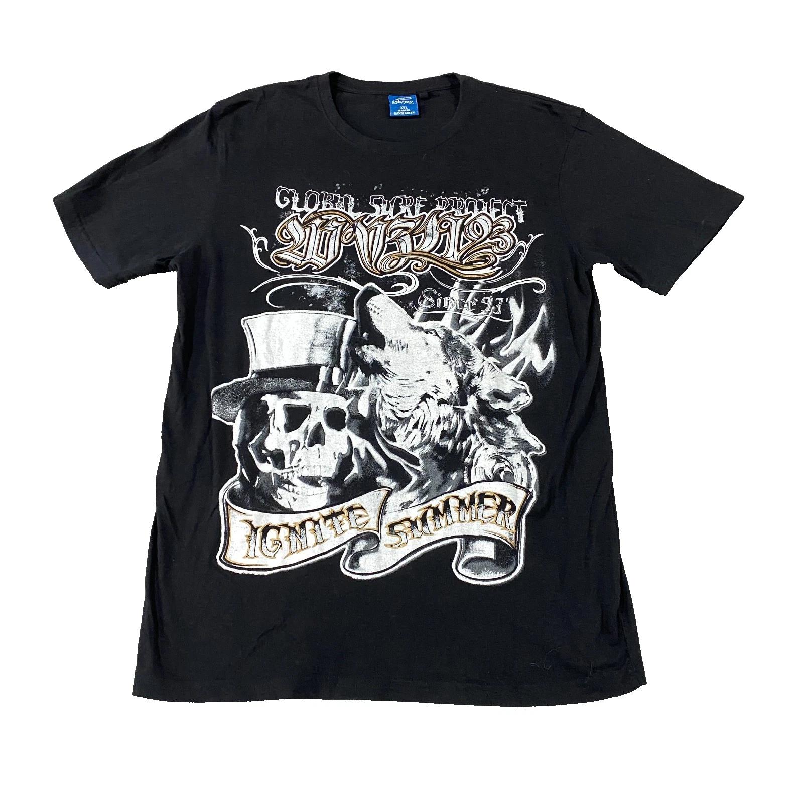 

Global Sucre Project T-Shirt Mens L Black Skull Wolf Top Hat Graphic Surf Biker S
