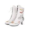 Fashion 2025 New Trend Bat Embroidered Boots Women Vintage Kitten Heels Halloween Cosplay Boots Mid-calf Lace-up Party Shoes 46