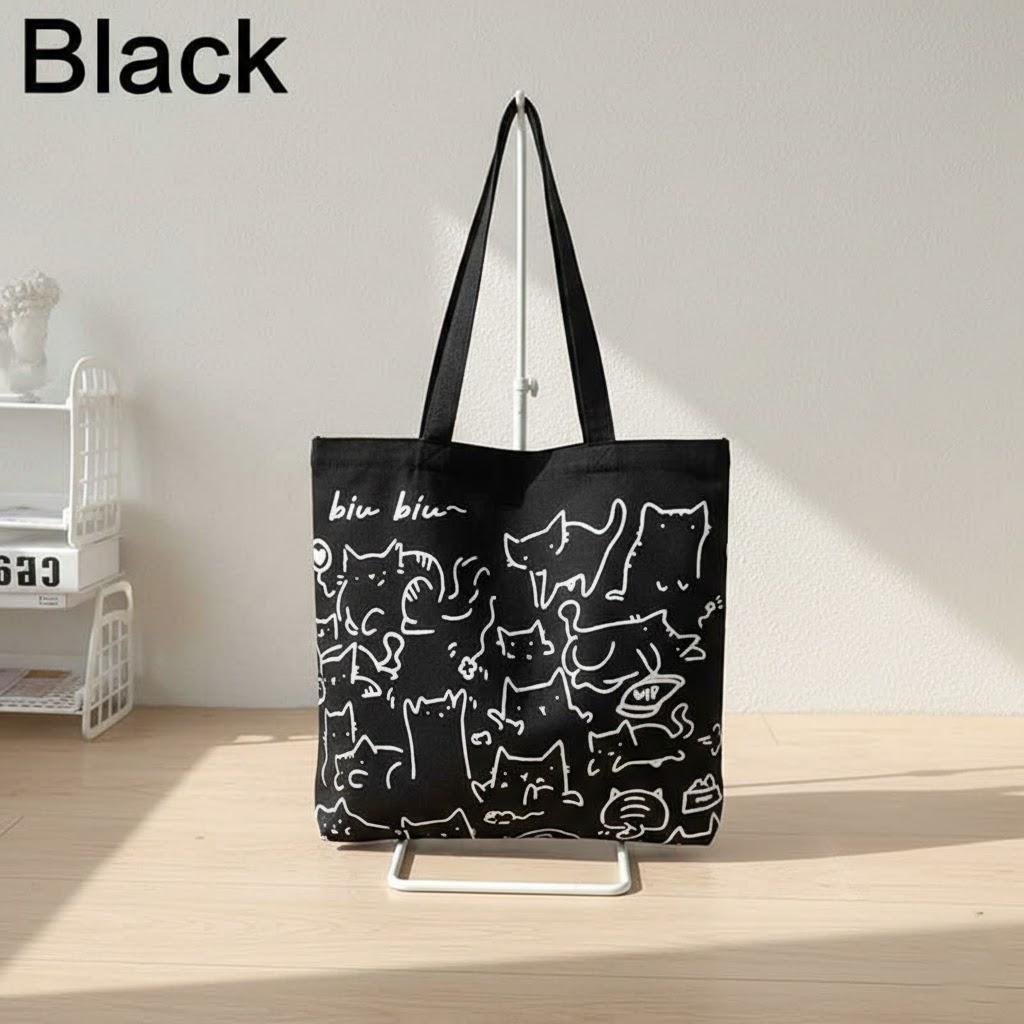 

Fashion Cartoon Cute Cats Canvas Bag Handbag for Women Men Foldable Reusable Shopping Beach Bag with Zipper Premium Quality чорний