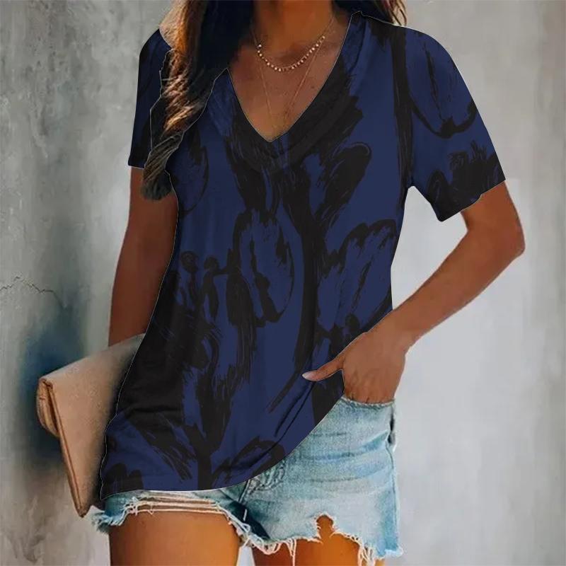 

2024 Elegant Women s Short Sleeve Top Women s V-Neck Printed Leaf Pattern Short Sleeve T-Shirt Summer Breathable T-Shirt L