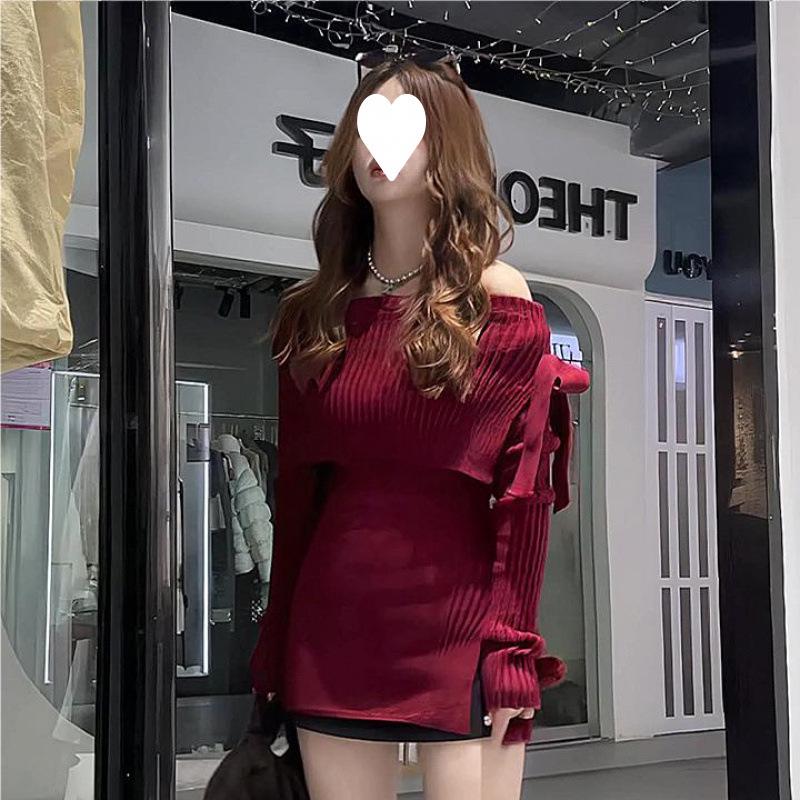 Korean Style Off-Shoulder Bowknot Knit Top – Women's Slim Fit Autumn Sweater