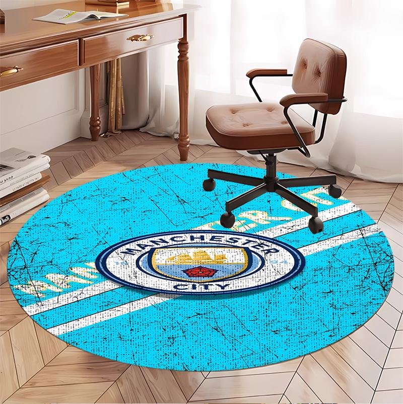 Manchester City FC Pattern Round Rug, Indoor/Outdoor Mat, for Picnic, Gameroom, Bedroom, Office, Living Room, Home Decor Carpet, Birthday Gift