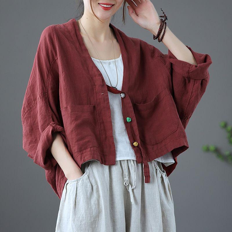 Übergroße Damenbekleidung Frühling und Sommer Locker Langarm Mode Baumwolle und Hanf Strickjacke Sonnenschutzmantel