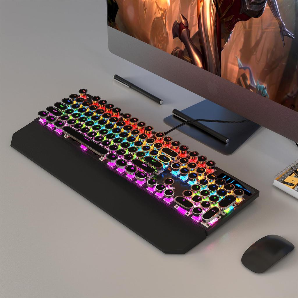 MageGee Typewriter Mechanical Gaming Keyboard Retro Punk Round Keycaps with RGB Rainbow Backlight USB Wired Keyboard for Gaming and Office Windows