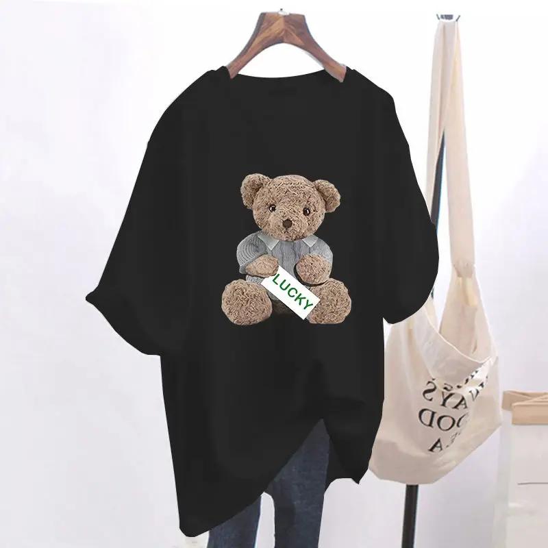 Letnia Moda Zwierzęcy Nadruk Niedźwiedzia Podstawowe T-shirty Kobiety Casual Czysty Okrągły Dekolt Krótki Rękaw Top T-shirt Biurowa Dama Luźne Pulowery