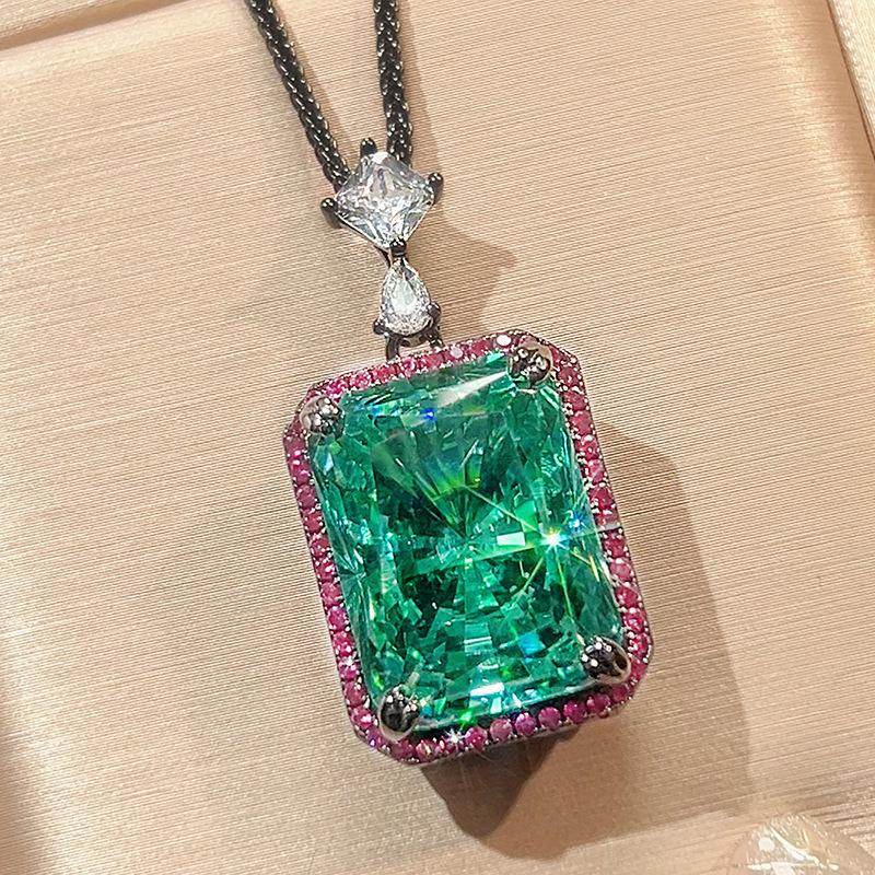 15x20mm Paraiba Tourmaline Color Pendant Necklace Square Emerald Cut Green Gemstone Halo Pendant Luxury Party Jewelry for Women