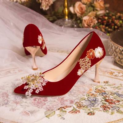 Fashion Red Suede Women's Pumps 2024 New Sweet Beaded Design Elegant and Exquisite Wedding Bridal Shoes Sexy Pointed Toe Stilettos
