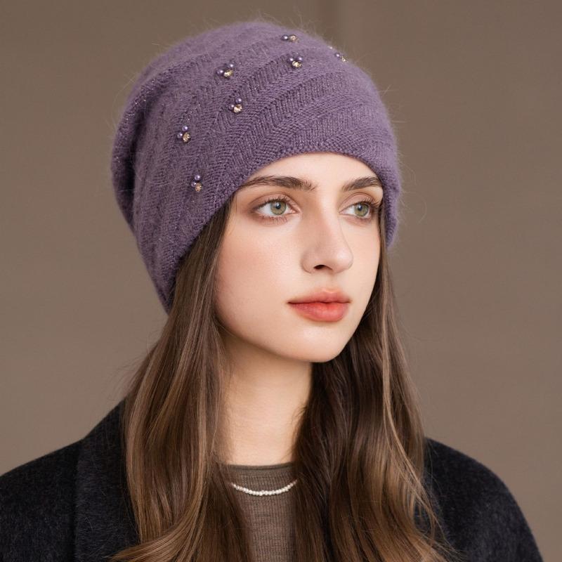 Women S Double Layer Knit Hat Warm Winter Beanie Pearl Glitter Rabbit Hair Blend