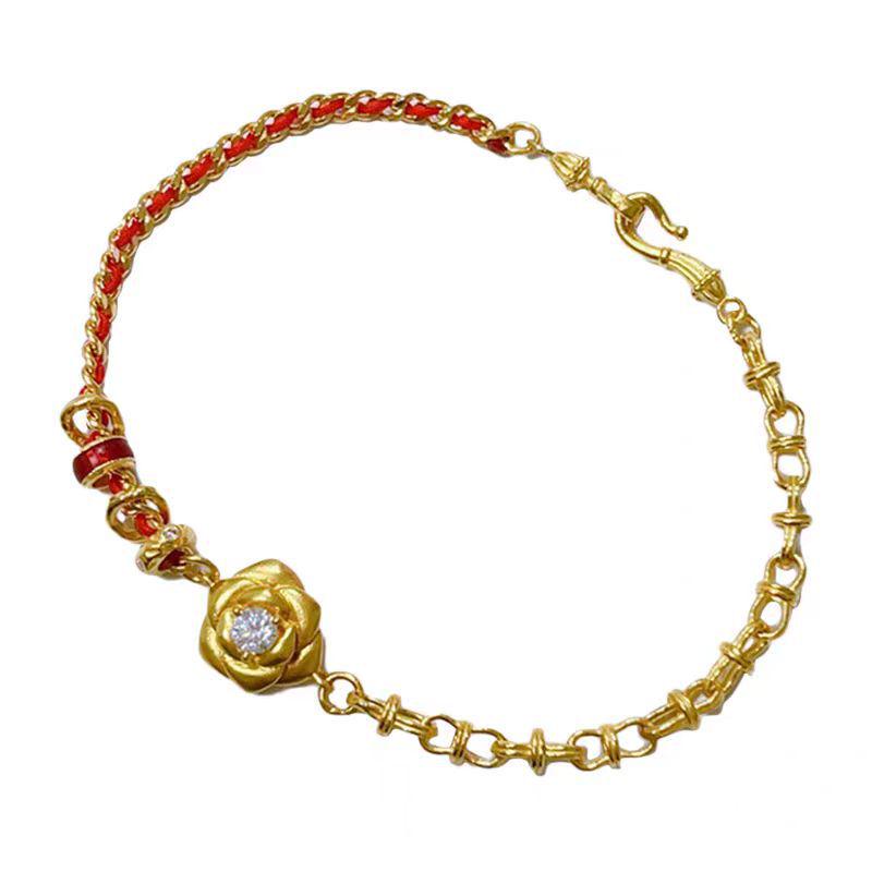 Golden Rose Entwined Bracelet with Rhinestone Ring and Hand-Woven Red Rope Chain Jewelry