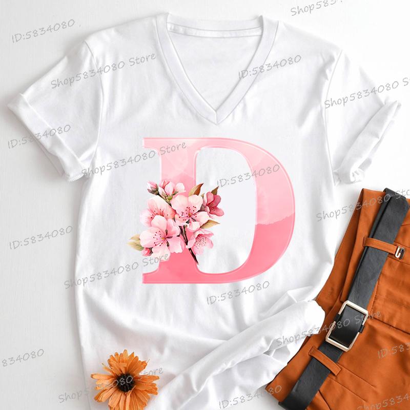 Pink Sakura Alphabet Graphic T Shirts Women AZ 26 Alphabet Pink Flower Cartoon Tshirts Cherry Blossom Letters Casual Tops Tees