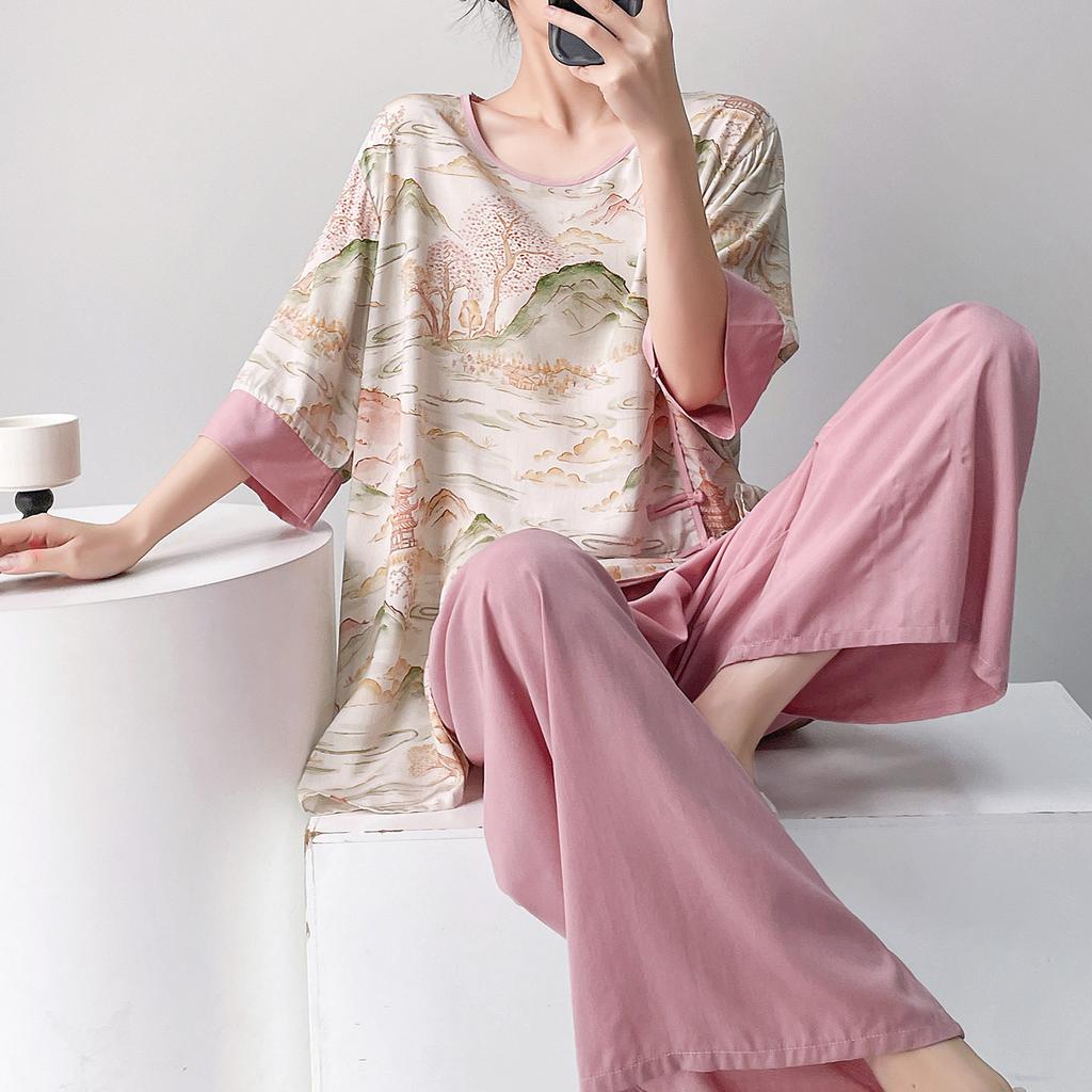 Improved Hanfu cotton and silk pajamas women's spring and summer thin printing can be worn outside loungewear loose high-end cotton silk suit