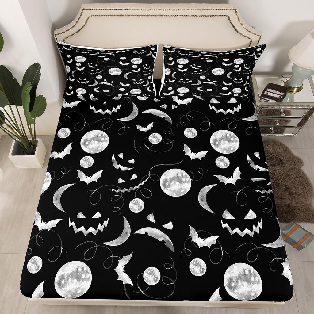 Gothic Spooky Bedding Set Pumpkin Lantern Cute Halloween Bed Sheets for Kids Boys Teens,Ghost Spiderwebs Fitted Sheet Black Cat Cobwebs Bats