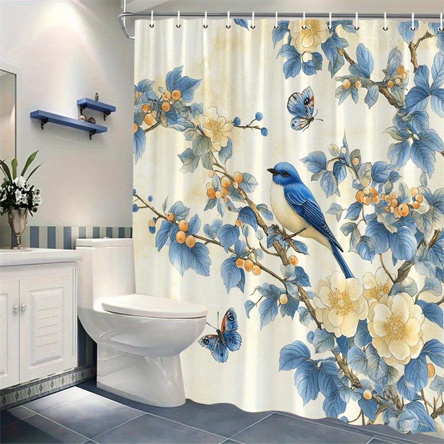 1Pc Vibrant Bluebird And Floral Shower Curtain - Polyester Fabric, Machine Washable, Suitable For Bathroom Decoration