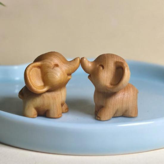 Mini Elephant Figurine Cute Wooden Miniature Animal Sculpture Small Collectible Wildlife Statue for Living Room Office Shelf Decor