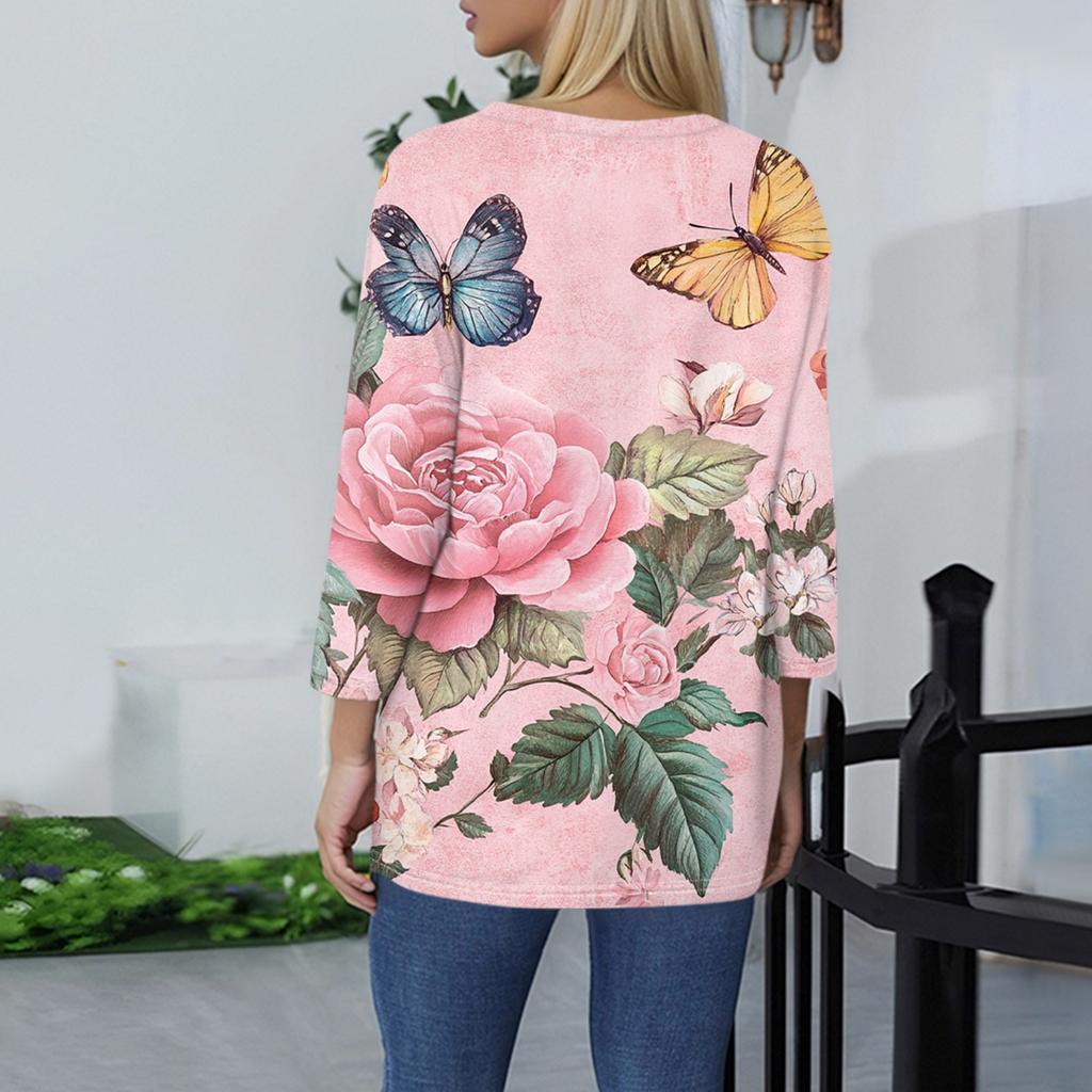 Women's Fashion Casual Three-quarter Sleeve Floral Print Round Neck Pullover Top