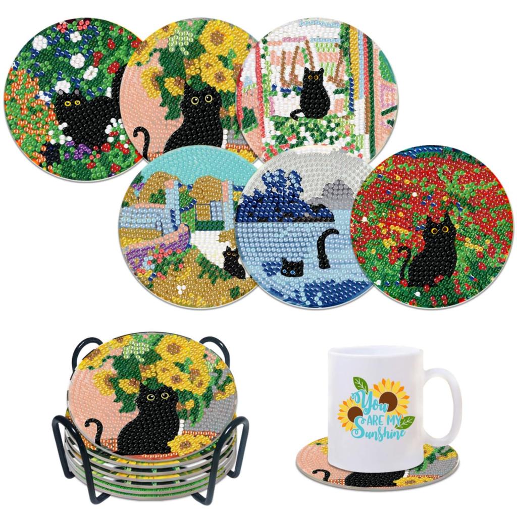 Diamond Art Coaster Kit (6-Piece Set) - DIY Diamond Painting Kit for Beginners, Cute Cat Cartoon Mosaic Ornaments, and Decorative DIY Kit with