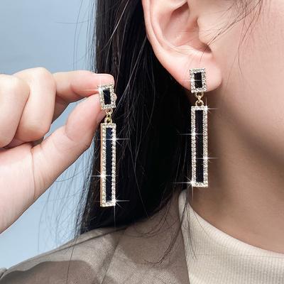 Geometrische Diamant-Ohrringe Rechteckig S925 Silberstift Schwarzes Öl Stecker Ohrringe Leichter Luxus High-End Ohrringe