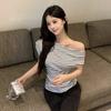 Design Striped Slanted Shoulder Short-sleeved T-shirt Women's Summer New Spice Girl Slim-fit Atmosphere Top