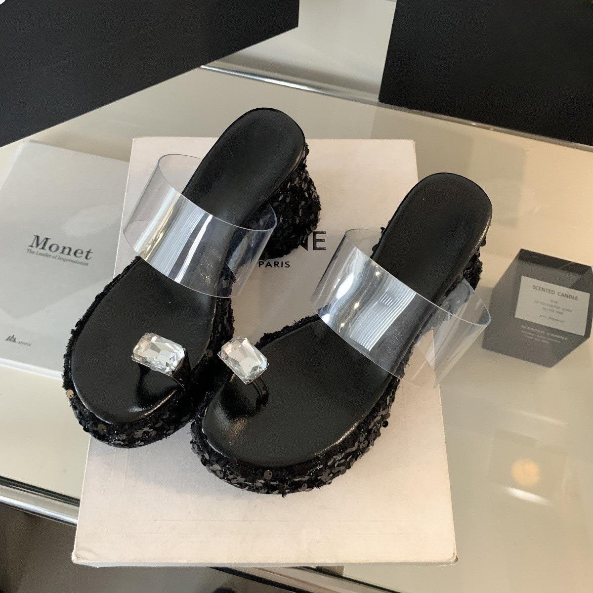 

Туфли на высоком каблуке для мужчин, украшенные стразами, женские летние туфли с покатым каблуком, прозрачная подошва с толстым дном, классные тапочки 40 чёрный